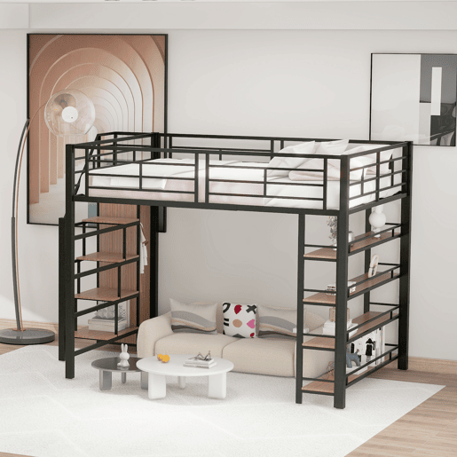 Cama mezzanine 140x200 cm - com pequeno roupeiro e prateleiras para arrumação - Preto Cama mezzanine 140x200 cm - com pequeno roupeiro e prateleiras para arrumação - Preto