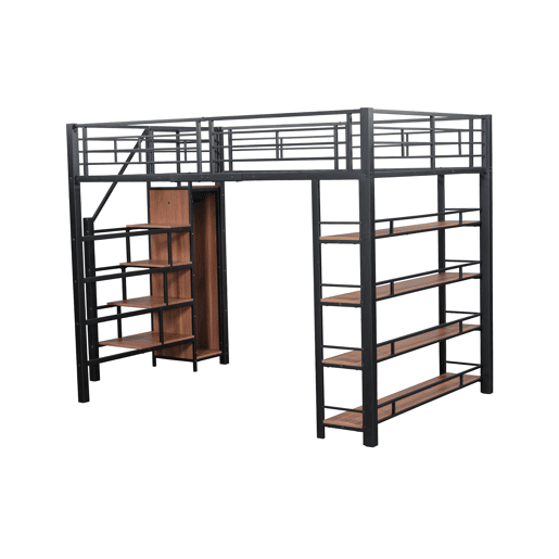Cama mezzanine 140x200 cm - com pequeno roupeiro e prateleiras para arrumação - Preto Cama mezzanine 140x200 cm - com pequeno roupeiro e prateleiras para arrumação - Preto