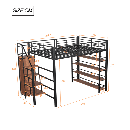 Cama mezzanine 140x200 cm - com pequeno roupeiro e prateleiras para arrumação - Preto Cama mezzanine 140x200 cm - com pequeno roupeiro e prateleiras para arrumação - Preto