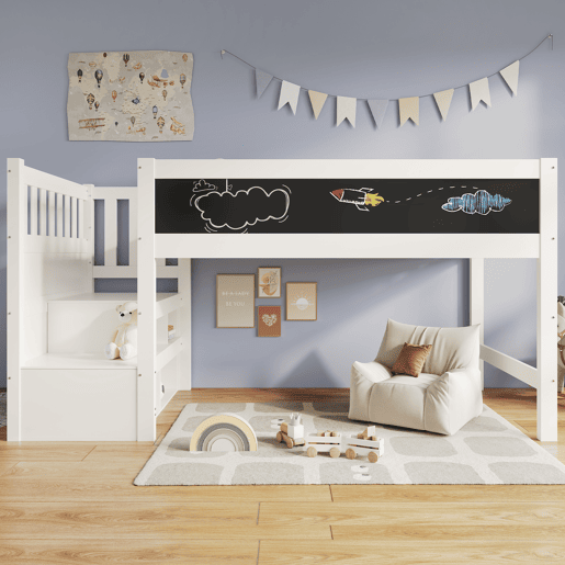 Cama alta infantil 90x200 cm - Com quadro, arrumação e proteção contra quedas - Branca Cama alta infantil 90x200 cm - Com quadro, arrumação e proteção contra quedas - Branca