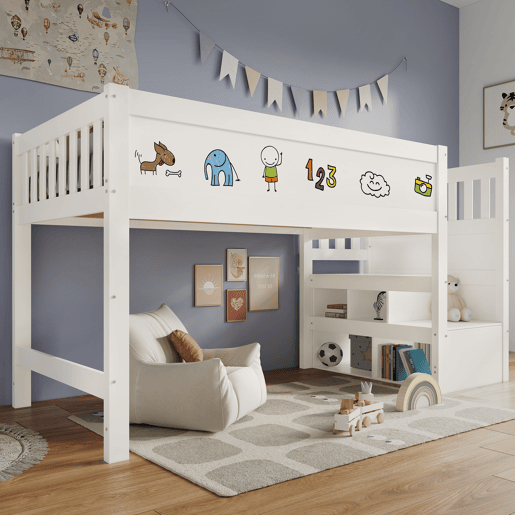 Cama alta infantil 90x200 cm - Com quadro, arrumação e proteção contra quedas - Branca Cama alta infantil 90x200 cm - Com quadro, arrumação e proteção contra quedas - Branca