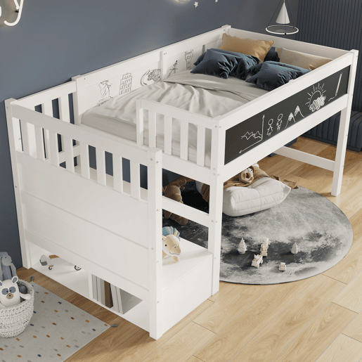 Cama alta infantil 90x200 cm - Com quadro, arrumação e proteção contra quedas - Branca Cama alta infantil 90x200 cm - Com quadro, arrumação e proteção contra quedas - Branca