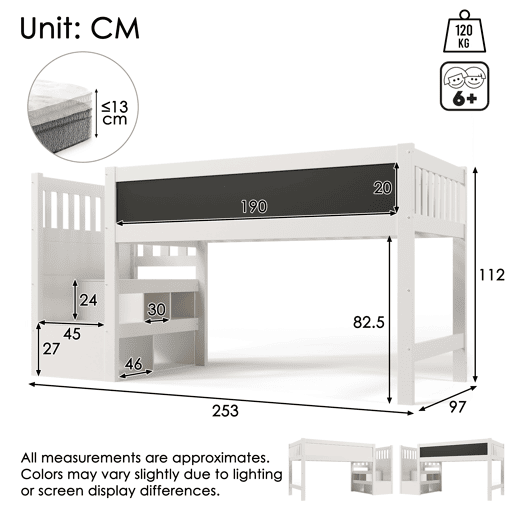 Cama alta infantil 90x200 cm - Com quadro, arrumação e proteção contra quedas - Branca Cama alta infantil 90x200 cm - Com quadro, arrumação e proteção contra quedas - Branca