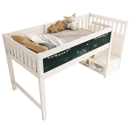 Cama alta infantil 90x200 cm - Com quadro, arrumação e proteção contra quedas - Branca Cama alta infantil 90x200 cm - Com quadro, arrumação e proteção contra quedas - Branca