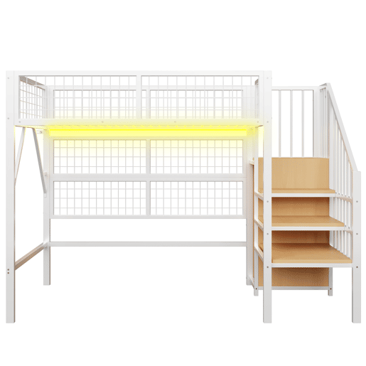 Cama alta metálica 90x200 - Com escada, arrumação, armário aberto, luzes LED controladas por aplicação - Branco e preto