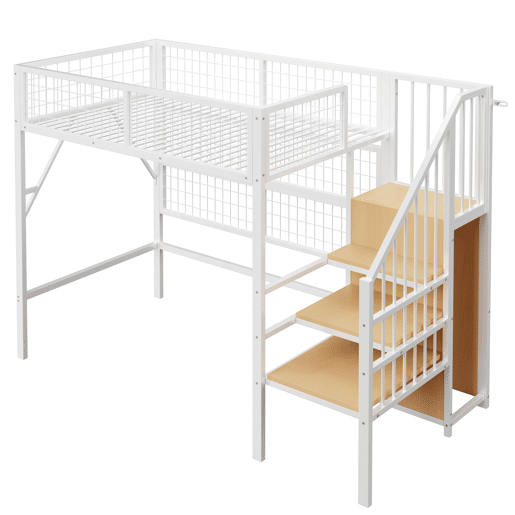 Cama alta metálica 90x200 - Com escada, arrumação, armário aberto, luzes LED controladas por aplicação - Branco e preto