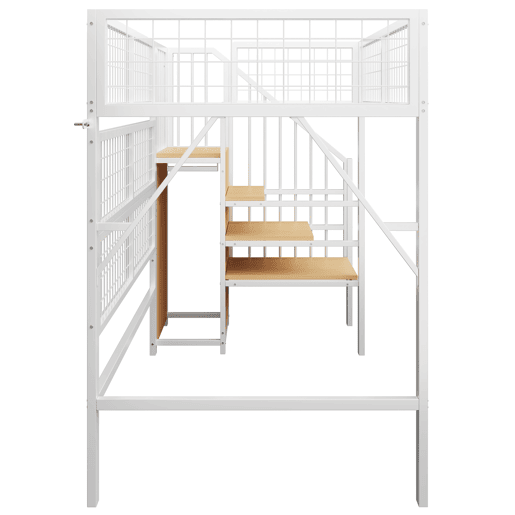 Cama alta metálica 90x200 - Com escada, arrumação, armário aberto, luzes LED controladas por aplicação - Branco e preto