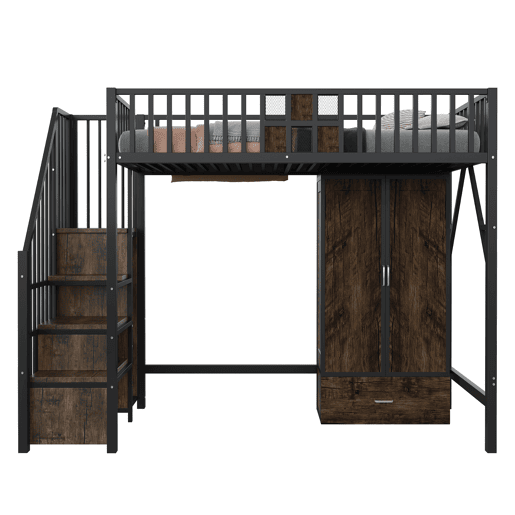 Cama alta metálica 90x200 - Design com grade de madeira e grade metálica, com armário, gavetas e escada de armazenamento, Preto Cama alta metálica 90x200 - Design com grade de madeira e grade metálica, com armário, gavetas e escada de armazenamento, Preto