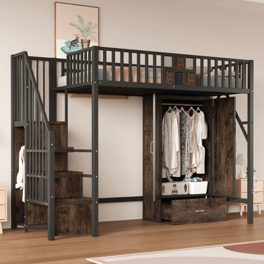 Cama alta metálica 90x200 - Design com grade de madeira e grade metálica, com armário, gavetas e escada de armazenamento, Preto Cama alta metálica 90x200 - Design com grade de madeira e grade metálica, com armário, gavetas e escada de armazenamento, Preto