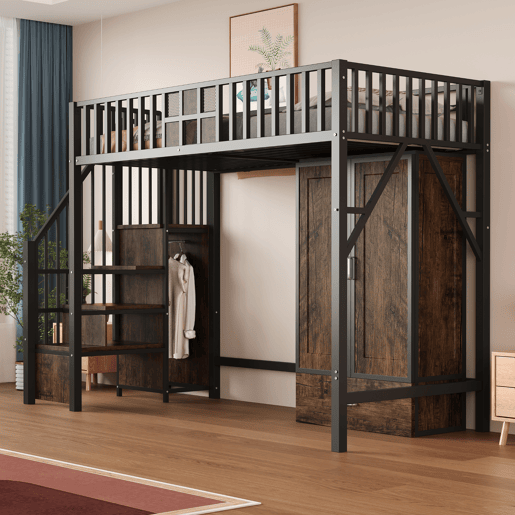 Cama alta metálica 90x200 - Design com grade de madeira e grade metálica, com armário, gavetas e escada de armazenamento, Preto Cama alta metálica 90x200 - Design com grade de madeira e grade metálica, com armário, gavetas e escada de armazenamento, Preto
