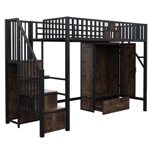 Cama alta metálica 90x200 - Design com grade de madeira e grade metálica, com armário, gavetas e escada de armazenamento, Preto Cama alta metálica 90x200 - Design com grade de madeira e grade metálica, com armário, gavetas e escada de armazenamento, Preto