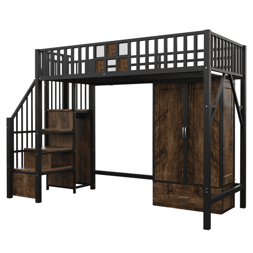 Cama alta metálica 90x200 - Design com grade de madeira e grade metálica, com armário, gavetas e escada de armazenamento, Preto Cama alta metálica 90x200 - Design com grade de madeira e grade metálica, com armário, gavetas e escada de armazenamento, Preto