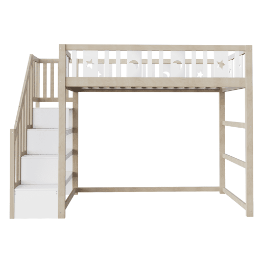 Cama alta infantil 90x200 - Com escada, cama individual em madeira maciça com grades de segurança, decoração com estrelas e lua - Natural e Branco Cama alta infantil 90x200 - Com escada, cama individual em madeira maciça com grades de segurança, decoração com estrelas e lua - Natural e Branco