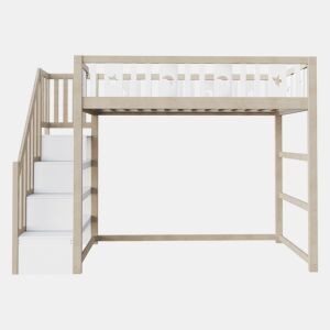 Cama alta infantil 90x200 - Com escada, cama individual em madeira maciça com grades de segurança, decoração com estrelas e lua - Natural e Branco