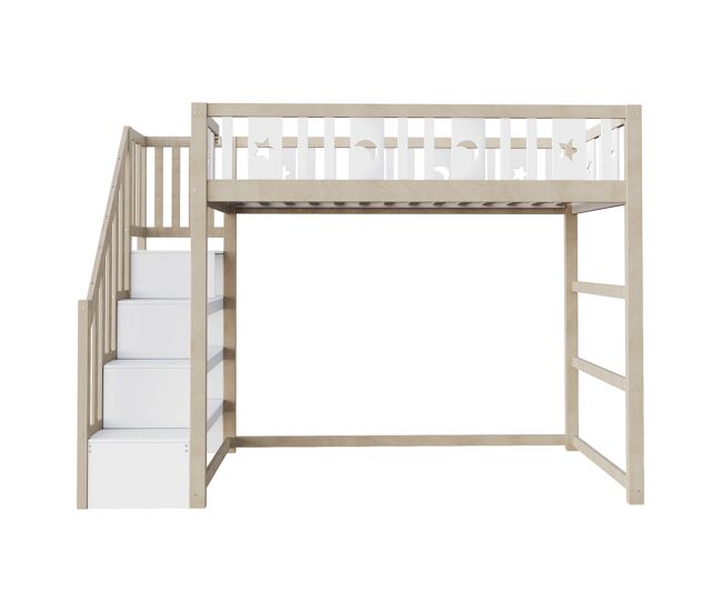 Cama alta infantil 90x200 - con escalera de escalada, cama individual de madera maciza con barandillas de seguridad, decoración de estrellas y luna -