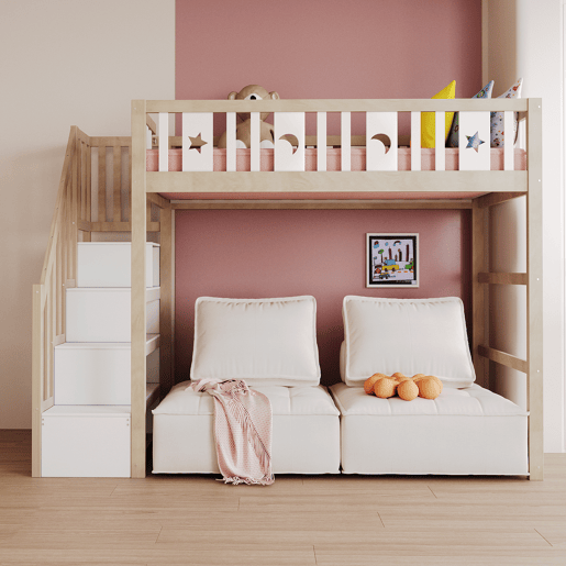 Cama alta infantil 90x200 - Com escada, cama individual em madeira maciça com grades de segurança, decoração com estrelas e lua - Natural e Branco Cama alta infantil 90x200 - Com escada, cama individual em madeira maciça com grades de segurança, decoração com estrelas e lua - Natural e Branco