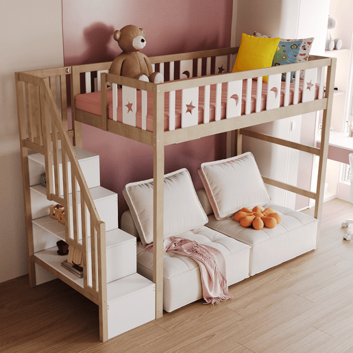 Cama alta infantil 90x200 - Com escada, cama individual em madeira maciça com grades de segurança, decoração com estrelas e lua - Natural e Branco Cama alta infantil 90x200 - Com escada, cama individual em madeira maciça com grades de segurança, decoração com estrelas e lua - Natural e Branco