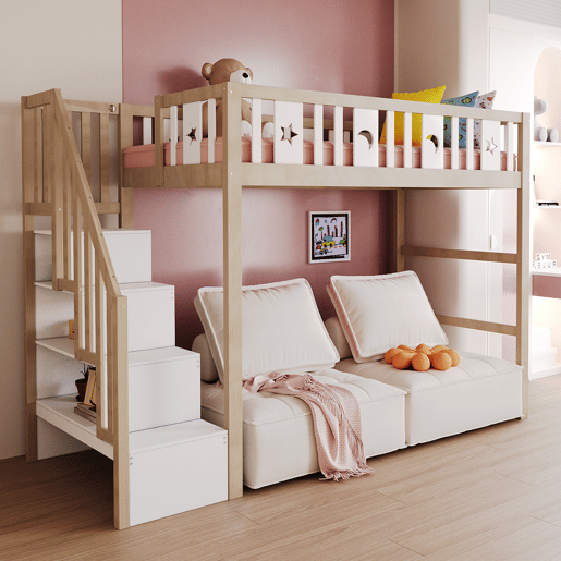 Cama alta infantil 90x200 - Com escada, cama individual em madeira maciça com grades de segurança, decoração com estrelas e lua - Natural e Branco Cama alta infantil 90x200 - Com escada, cama individual em madeira maciça com grades de segurança, decoração com estrelas e lua - Natural e Branco