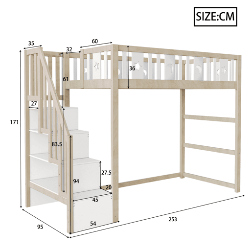 Cama alta infantil 90x200 - Com escada, cama individual em madeira maciça com grades de segurança, decoração com estrelas e lua - Natural e Branco Cama alta infantil 90x200 - Com escada, cama individual em madeira maciça com grades de segurança, decoração com estrelas e lua - Natural e Branco