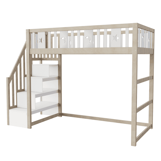 Cama alta infantil 90x200 - Com escada, cama individual em madeira maciça com grades de segurança, decoração com estrelas e lua - Natural e Branco Cama alta infantil 90x200 - Com escada, cama individual em madeira maciça com grades de segurança, decoração com estrelas e lua - Natural e Branco