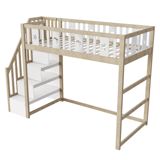 Cama alta infantil 90x200 - Com escada, cama individual em madeira maciça com grades de segurança, decoração com estrelas e lua - Natural e Branco Cama alta infantil 90x200 - Com escada, cama individual em madeira maciça com grades de segurança, decoração com estrelas e lua - Natural e Branco