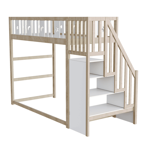 Cama alta infantil 90x200 - Com escada, cama individual em madeira maciça com grades de segurança, decoração com estrelas e lua - Natural e Branco Cama alta infantil 90x200 - Com escada, cama individual em madeira maciça com grades de segurança, decoração com estrelas e lua - Natural e Branco
