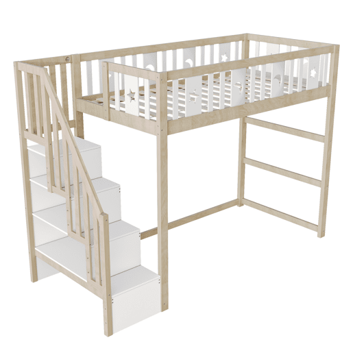 Cama alta infantil 90x200 - Com escada, cama individual em madeira maciça com grades de segurança, decoração com estrelas e lua - Natural e Branco Cama alta infantil 90x200 - Com escada, cama individual em madeira maciça com grades de segurança, decoração com estrelas e lua - Natural e Branco