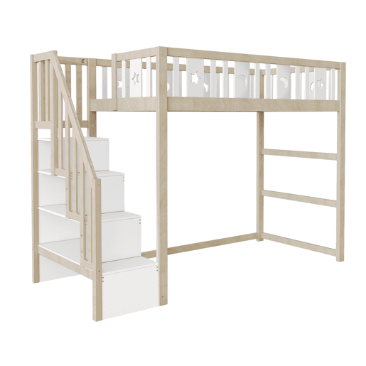Cama alta infantil 90x200 - Com escada, cama individual em madeira maciça com grades de segurança, decoração com estrelas e lua - Natural e Branco Cama alta infantil 90x200 - Com escada, cama individual em madeira maciça com grades de segurança, decoração com estrelas e lua - Natural e Branco