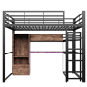 altura 140x200cm - Cama de metal com LED, secretária, 1 gaveta, prateleiras, grade, escada, sem colchão - Preto