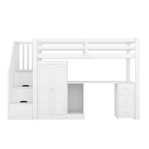 Cama alta 90x200 cm - Cama com estrado, armário, escada, secretária, gavetas - Branco