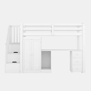 Cama alta 90x200 cm - Cama com estrado, armário, escada, secretária, gavetas - Branco