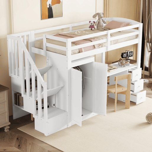 Cama alta 90x200 cm - Cama com estrado, armário, escada, secretária, gavetas - Branco
