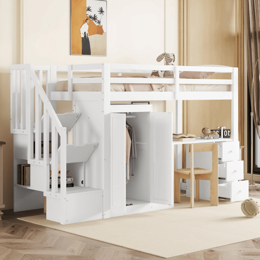 Cama alta 90x200 cm - Cama com estrado, armário, escada, secretária, gavetas - Branco