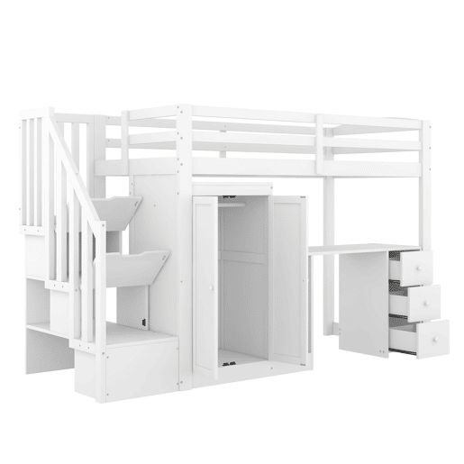 Cama alta 90x200 cm - Cama com estrado, armário, escada, secretária, gavetas - Branco