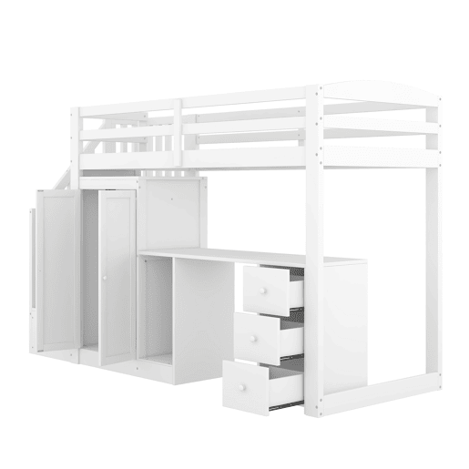 Cama alta 90x200 cm - Cama com estrado, armário, escada, secretária, gavetas - Branco