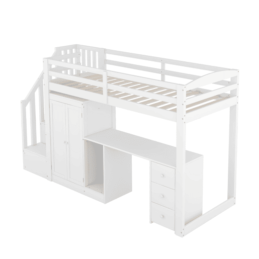 Cama alta 90x200 cm - Cama com estrado, armário, escada, secretária, gavetas - Branco