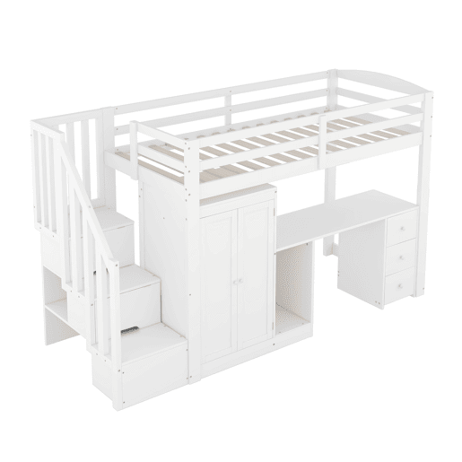 Cama alta 90x200 cm - Cama com estrado, armário, escada, secretária, gavetas - Branco