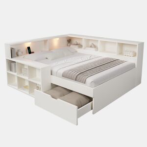 Cama juvenil,cama de casal de madeira maciça 140x200 cm,branco