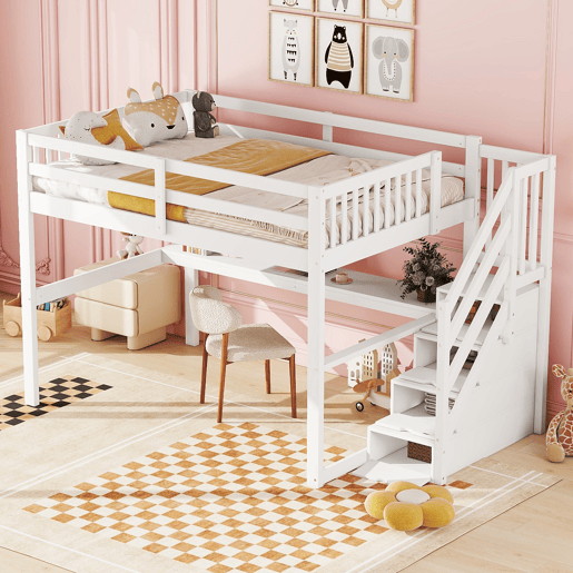 Cama alta 140x200 - Cama infantil com gavetas de arrumação e secretária por baixo - Branca Cama alta 140x200 - Cama infantil com gavetas de arrumação e secretária por baixo - Branca