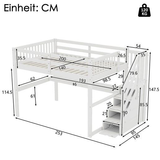 Cama alta 140x200 - Cama infantil com gavetas de arrumação e secretária por baixo - Branca Cama alta 140x200 - Cama infantil com gavetas de arrumação e secretária por baixo - Branca