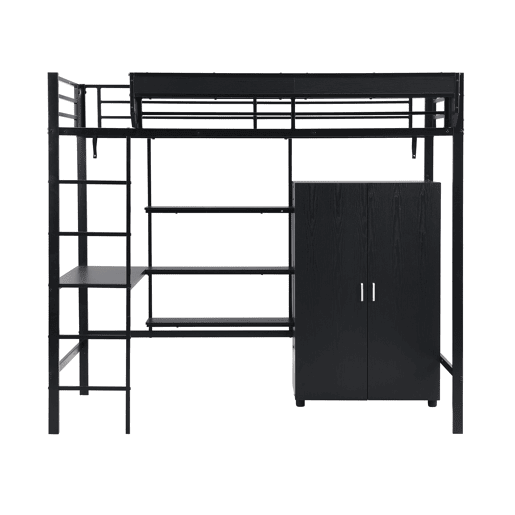 Beliche 90x200cm - Com mesa e armário, com 5 degraus, estrutura de metal e painel de aglomerado - Preto