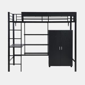 Beliche 90x200cm - Com mesa e armário, com 5 degraus, estrutura de metal e painel de aglomerado - Preto