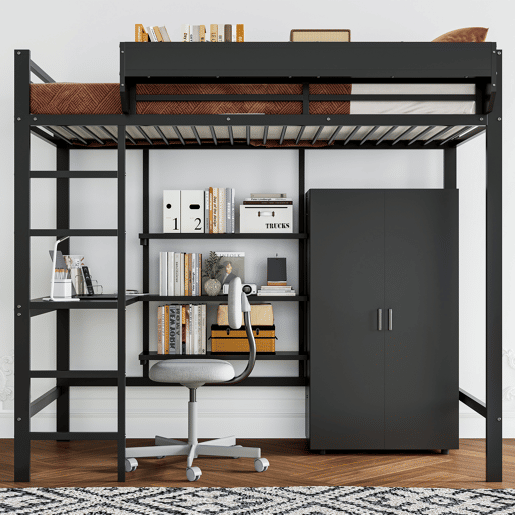 Beliche 90x200cm - Com mesa e armário, com 5 degraus, estrutura de metal e painel de aglomerado - Preto