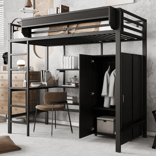 Beliche 90x200cm - Com mesa e armário, com 5 degraus, estrutura de metal e painel de aglomerado - Preto