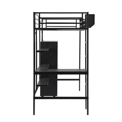 Beliche 90x200cm - Com mesa e armário, com 5 degraus, estrutura de metal e painel de aglomerado - Preto