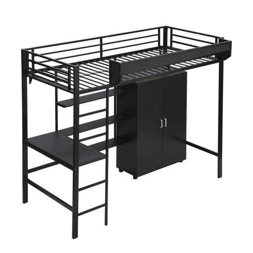 Beliche 90x200cm - Com mesa e armário, com 5 degraus, estrutura de metal e painel de aglomerado - Preto