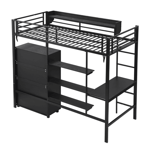 Beliche 90x200cm - Com mesa e armário, com 5 degraus, estrutura de metal e painel de aglomerado - Preto