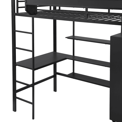 Beliche 90x200cm - Com mesa e armário, com 5 degraus, estrutura de metal e painel de aglomerado - Preto
