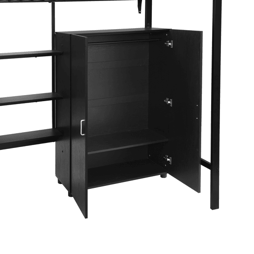 Beliche 90x200cm - Com mesa e armário, com 5 degraus, estrutura de metal e painel de aglomerado - Preto