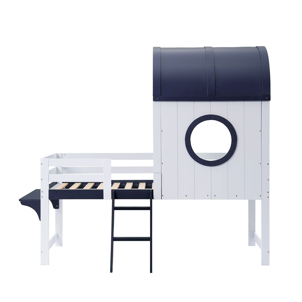 Litera 90x200cm - cama infantil con techo y ventana, escalera inclinada, cajón con ruedas - blanco+azul